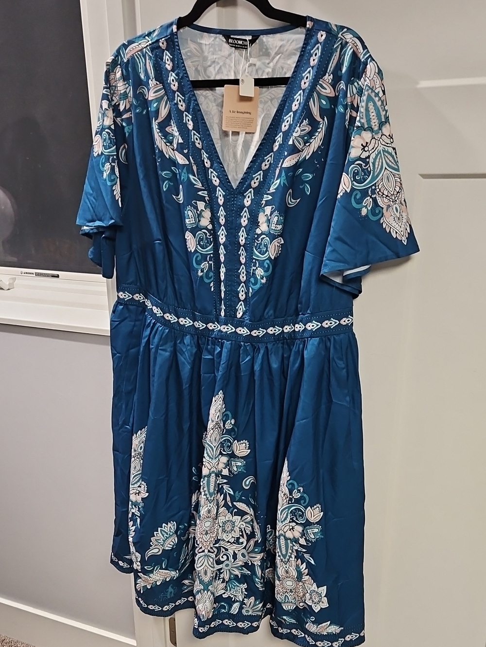 BloomChic Teal-Blue Floral V-Neck Midi Dress